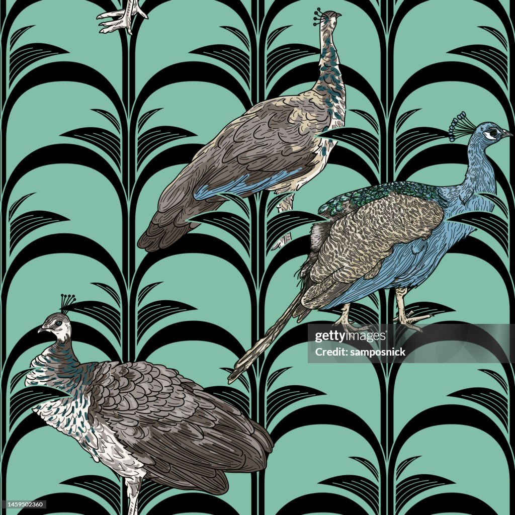 Modern Art Deco Hollywood Regency Peacock and Peahen Seamless Pattern