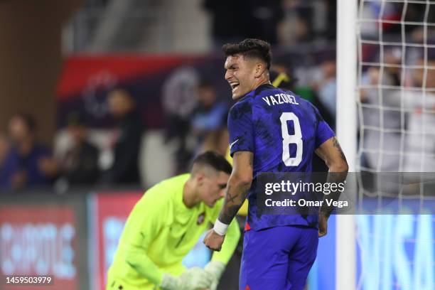 Brandon Vazquez of the United States celebrates after scoring the opening goal during the international friendly match between the United States and...