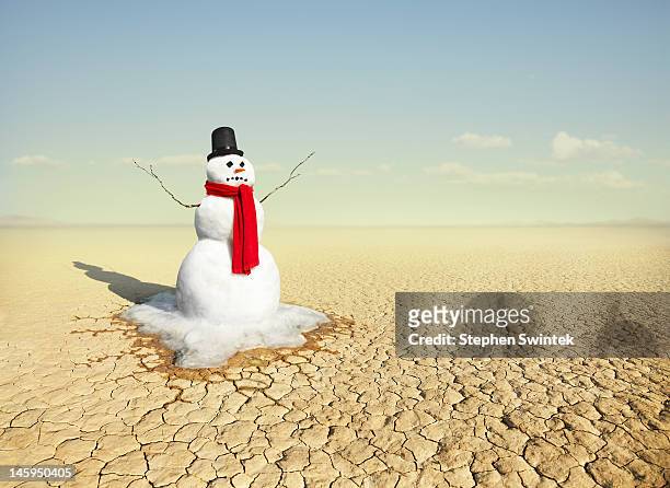 snowman in the desert - melted snowman stock-fotos und bilder