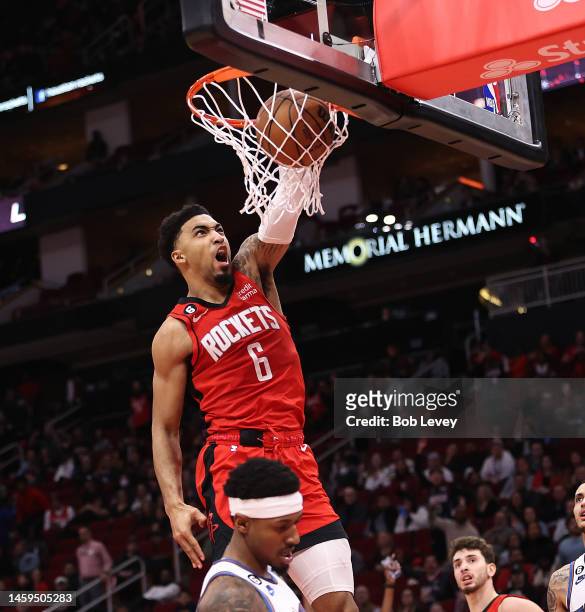 Kenyon Martin Jr. #6 of the Houston Rockets drives to the basket for a dunk during the fourth quarter against the Washington Wizards at Toyota Center...