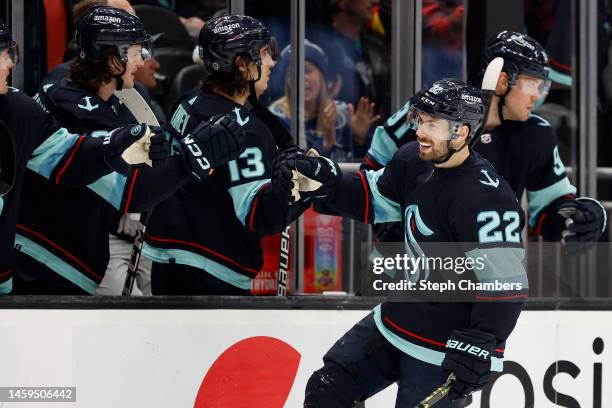 Oliver Bjorkstrand of the Seattle Kraken celebrates his goal during the first period against the Vancouver Canucks at Climate Pledge Arena on January...