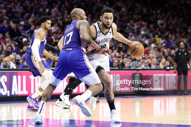 Tucker of the Philadelphia 76ers guards Ben Simmons of the Brooklyn Nets during the third quarter at Wells Fargo Center on January 25, 2023 in...