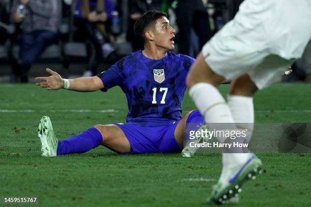 Alex Zendejas of the United States looks for a penalty against Serbia during the second half in the International Friendly match at BMO Stadium on...