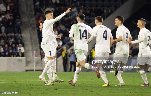 Luka Illic of Serbia celebrates his goal during a game against the United States at BMO Stadium on January 25, 2023 in Los Angeles, CA.