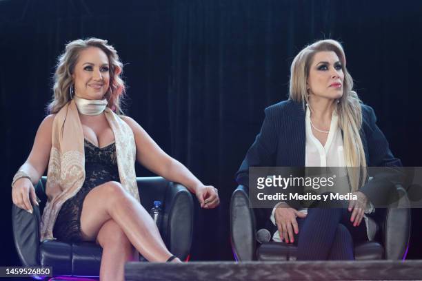 Maya Karunna and Dulce attends a press conference for the new show, 'GranDiosas' at Arena Ciudad de Mexico on January 25, 2023 in Mexico City, Mexico.