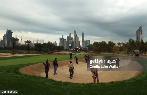 General view of the golf course as overnight rain delays the start of play during Day One of the Hero Dubai Desert Classic at Emirates Golf Club on...