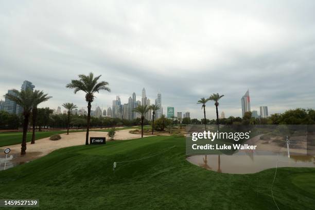 General view of the golf course as overnight rain delays the start of play during Day One of the Hero Dubai Desert Classic at Emirates Golf Club on...