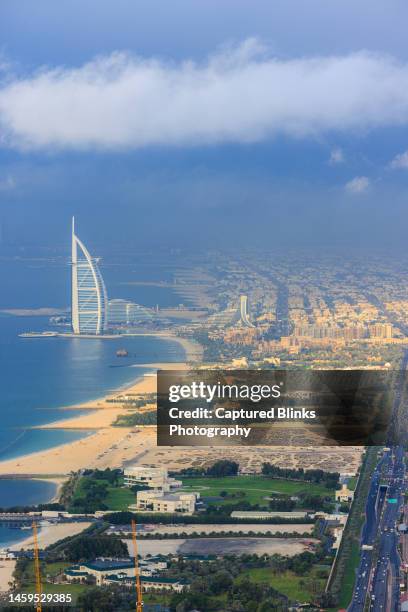 aerial view of burj al arab luxury hotel - madinat jumeirah hotel stock pictures, royalty-free photos & images