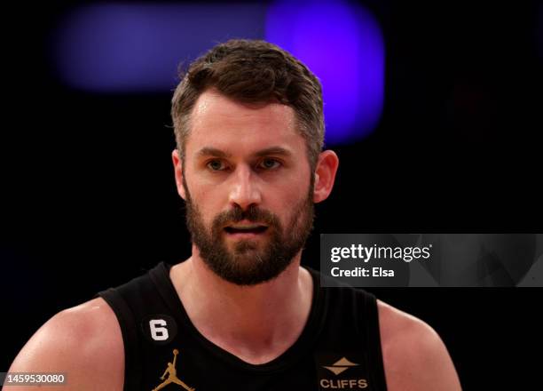 Kevin Love of the Cleveland Cavaliers looks on during the third quarter against the New York Knicks at Madison Square Garden on January 24, 2023 in...