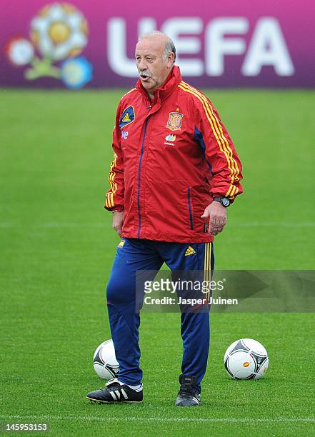Head coach Vicente del Bosque of Spain instructs his players during a training session ahead of UEFA EURO 2012 on June 8, 2012 in Gniewino, Poland.