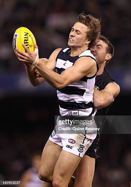 Mitch Duncan of the Cats marks infront of Brock McLean of the Blues during the round 11 AFL match between the Carlton Blues and the Geelong Cats at...