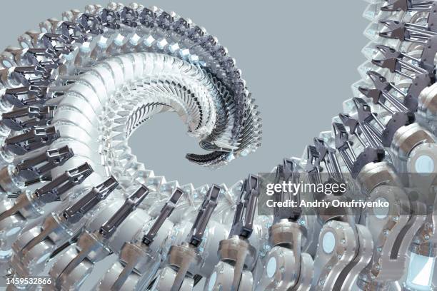 robotic arms sspiral pattern - fließband stock-fotos und bilder