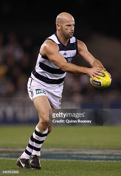 Paul Chapman of the Cats kicks during the round 11 AFL match between the Carlton Blues and the Geelong Cats at Etihad Stadium on June 8, 2012 in...