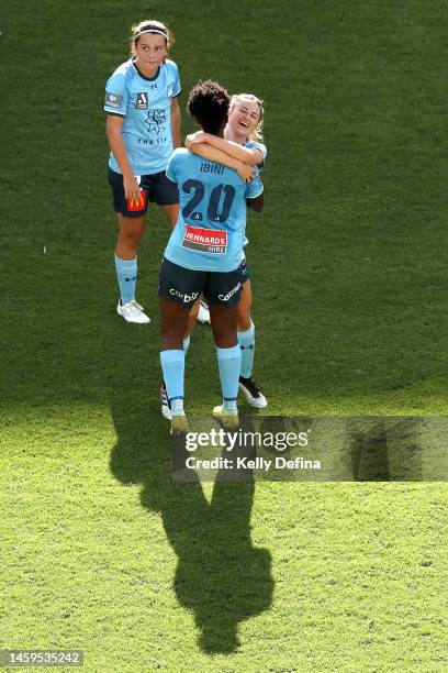 Princess Ibini-Isei of Sydney FC and Charlotte Mclean of Sydney FC celebrate the win during the round 12 A-League Women's match between Melbourne...