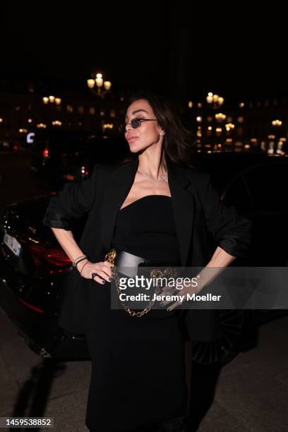 Marina Theodoridou seen wearing dress Khaite, belt Schiaparelli, jacket Alaia, jewellery Loree Rodkin, during Paris Fashion Week on January 24, 2023...
