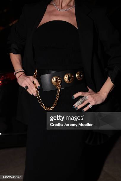 Marina Theodoridou seen wearing dress Khaite, belt Schiaparelli, jacket Alaia, jewellery Loree Rodkin during Paris Fashion Week on January 24, 2023...