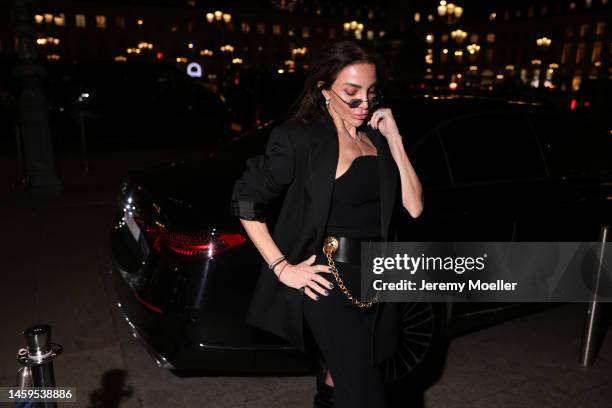 Marina Theodoridou seen wearing dress Khaite, belt Schiaparelli, jacket Alaia, jewellery Loree Rodkin, during Paris Fashion Week on January 24, 2023...