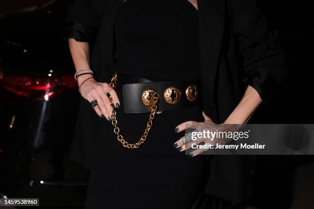 Marina Theodoridou seen wearing dress Khaite, belt Schiaparelli, jacket Alaia, jewellery Loree Rodkin, during Paris Fashion Week on January 24, 2023...