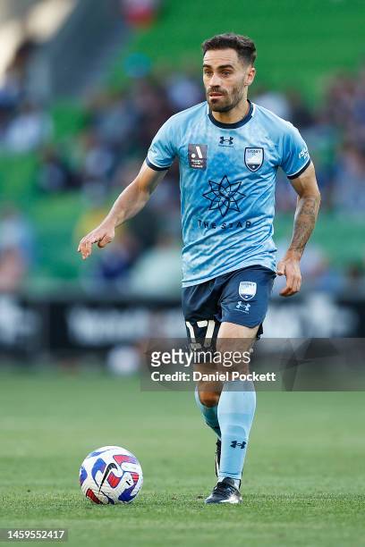 Anthony Caceres of Sydney FC looks to pass the ball during the round 14 A-League Men's match between Melbourne Victory and Sydney FC at AAMI Park, on...
