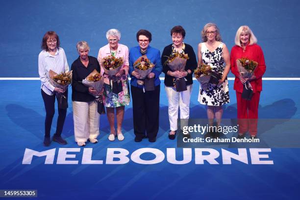 Peaches Bartkowicz, Rosie Casals, Judy Dalton, Billie Jean King, Kerry Melville Reid, Kristy Pigeon, Valerie Ziegenfuss pose ahead of the Semifinals...