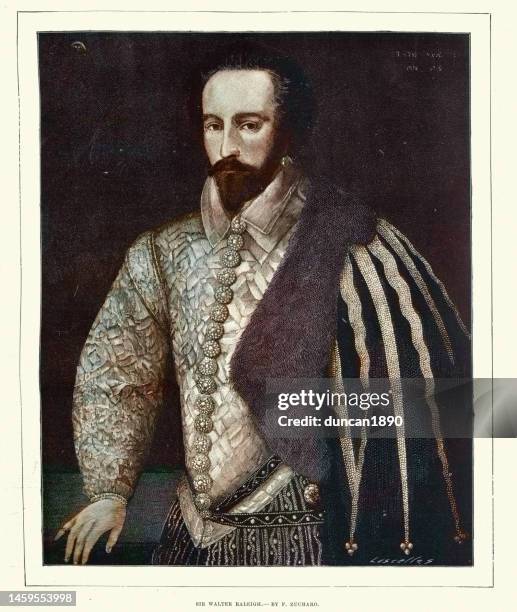 portrait of sir walter raleigh, after federico zuccaro, an elizabethan  english statesman, soldier, writer and explorer - 16th century style stock illustrations