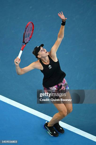 Elena Rybakina of Kazakhstan serves in the Semifinals singles match against Victoria Azarenka during day 11 of the 2023 Australian Open at Melbourne...