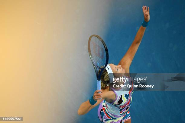 Victoria Azarenka serves in the Semifinals singles match against Elena Rybakina of Kazakhstan during day 11 of the 2023 Australian Open at Melbourne...