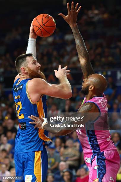 Aron Baynes of the Bullets shoots during the round 17 NBL match between Brisbane Bullets and New Zealand Breakers at Nissan Arena, on January 26 in...