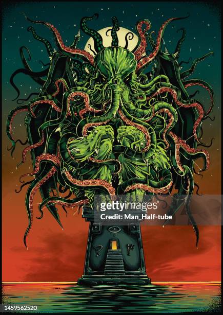 stockillustraties, clipart, cartoons en iconen met cthulhu kraken - sea monster