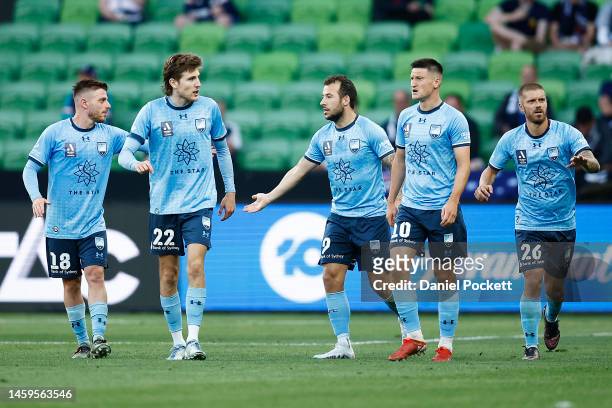Adam Le Fondre of Sydney FC celebrates scoring a goal during the round 14 A-League Men's match between Melbourne Victory and Sydney FC at AAMI Park,...