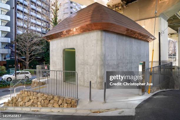 New public toilet site designed by Marc Newson located under a highway flyover on January 26, 2023 in Tokyo, Japan. According to media sources,...