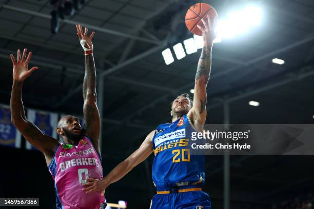 Nathan Sobey of the Bullets shoots during the round 17 NBL match between Brisbane Bullets and New Zealand Breakers at Nissan Arena, on January 26 in...