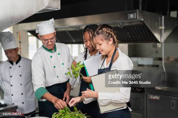 chef teaches students training in cooking in a restaurant. - kochlehrling stock-fotos und bilder