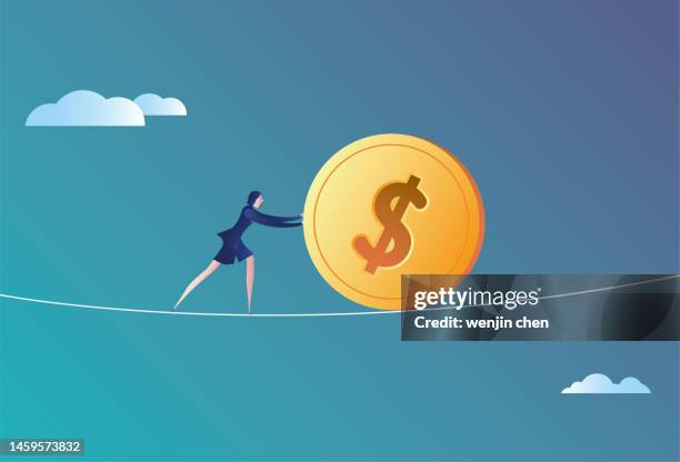 business woman rolling dollars on wire rope - woman tightrope stock illustrations