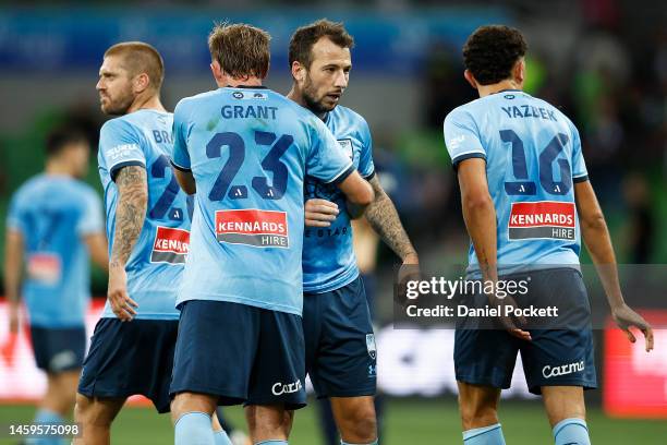 Adam Le Fondre of Sydney FC celebrates with teammates after winning the round 14 A-League Men's match between Melbourne Victory and Sydney FC at AAMI...