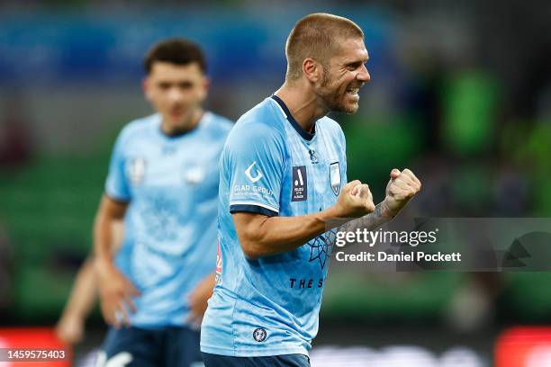 Luke Brattan of Sydney FC celebrates winning the round 14 A-League Men's match between Melbourne Victory and Sydney FC at AAMI Park, on January 26 in...