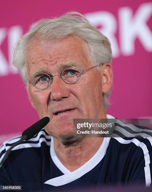 In this handout image provided by UEFA, Coach Morten Olsen of Denmark speaks during a press conference ahead of their UEFA EURO 2012 Group B match...