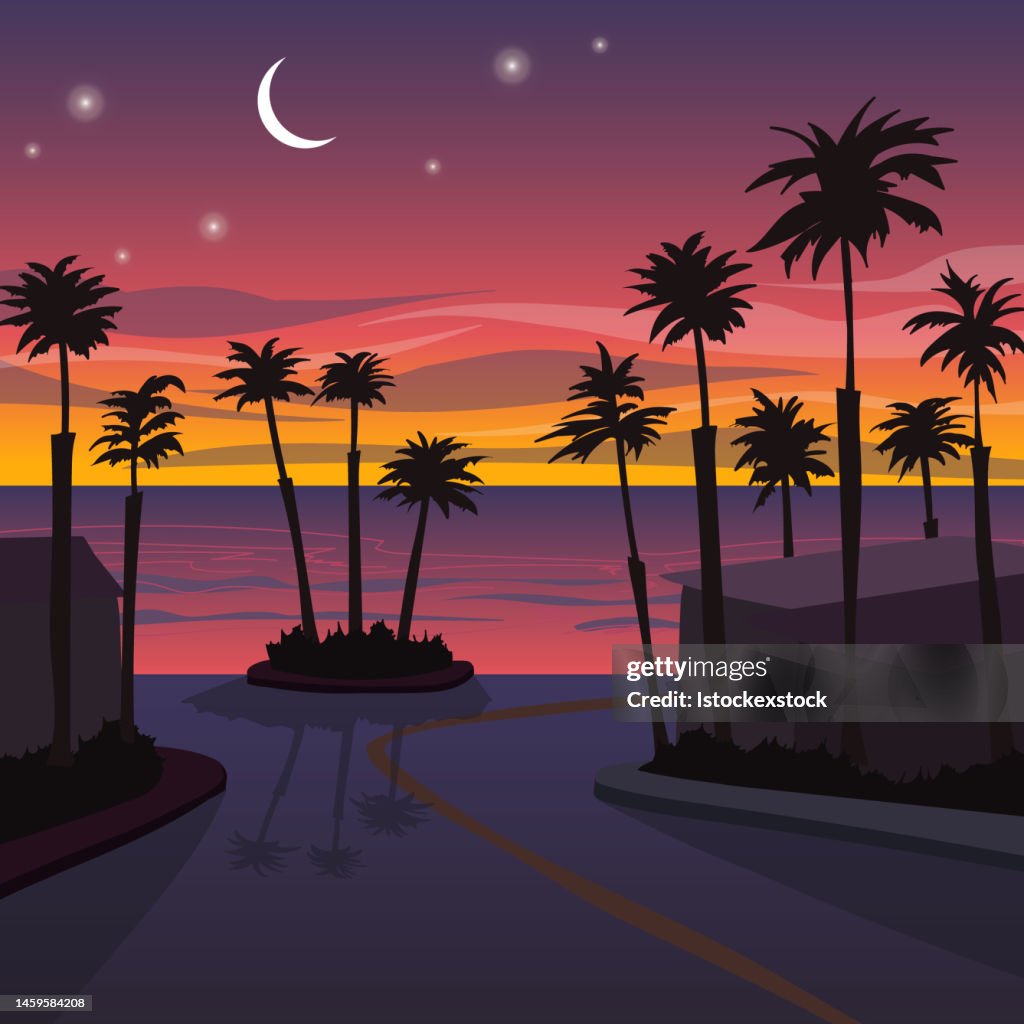 Sunset Ocean Tropical resort landscape panorama. Sea shore beach, sun, exoti csilhouettes palms, coastline, clouds, sky, summer vacation. Vector illustration cartoon style