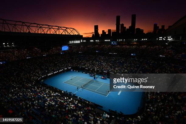 General view of the Semifinal singles match between Elena Rybakina of Kazakhstan and Victoria Azarenka during day 11 of the 2023 Australian Open at...