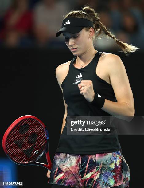 Elena Rybakina of Kazakhstan reacts in the Semifinals singles match against Victoria Azarenka during day 11 of the 2023 Australian Open at Melbourne...