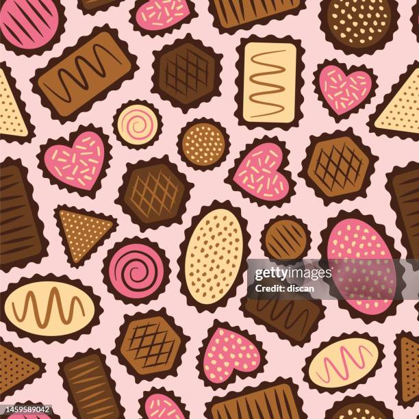 ilustraciones, imágenes clip art, dibujos animados e iconos de stock de patrón sin costuras con caramelos de chocolate. - brownie