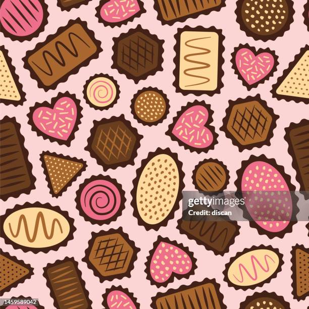 illustrations, cliparts, dessins animés et icônes de motif sans couture avec des bonbons au chocolat. - chocolat