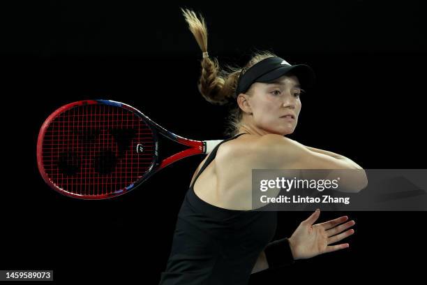 Elena Rybakina of Kazakhstan plays a forehand in the Semifinals singles match against Victoria Azarenka during day 11 of the 2023 Australian Open at...