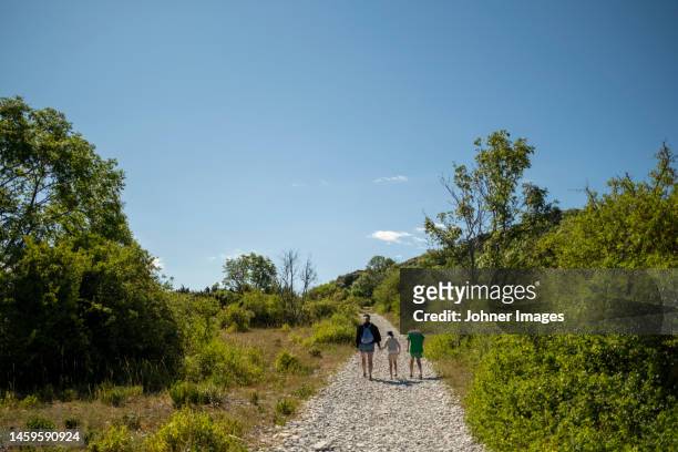 family hiking on graveled road - gotland sweden stock pictures, royalty-free photos & images