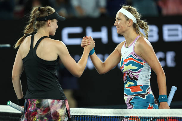 Elena Rybakina of Kazakhstan and Victoria Azarenka embrace at the net in the Semifinals singles match during day 11 of the 2023 Australian Open at...