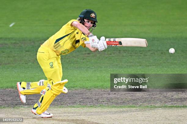 Beth Mooney of Australia hits a boundary during game two of the T20 International series between Australia and Pakistan at Blundstone Arena on...