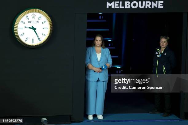 Jelena Dokic looks on in the Semifinals singles match between Elena Rybakina of Kazakhstan and Victoria Azarenka during day 11 of the 2023 Australian...