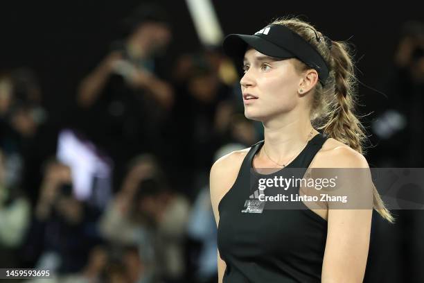 Elena Rybakina of Kazakhstan looks on in the Semifinals singles match against Victoria Azarenka during day 11 of the 2023 Australian Open at...