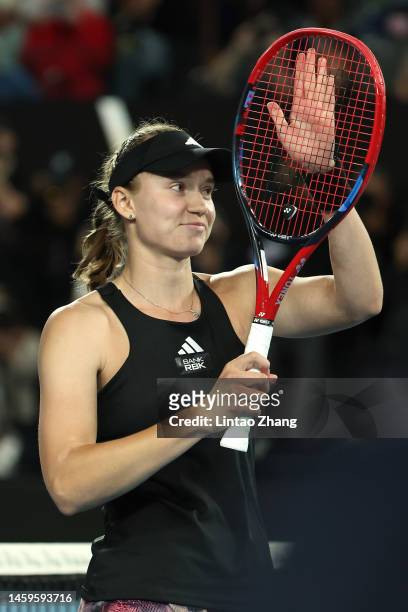 Elena Rybakina of Kazakhstan celebrates winning in the Semifinals singles match against Victoria Azarenka during day 11 of the 2023 Australian Open...