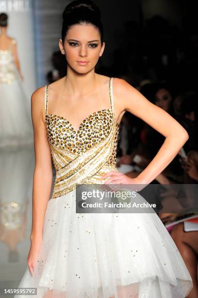 Kendall Jenner on the runway at Evening Sherri Hill's spring 2013 show at Trump Tower.